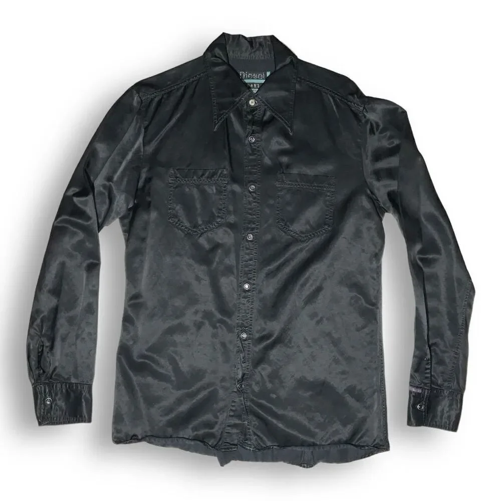 🖤 Diesel‎ Italy Satin Western Shirt | Size L | Black Luxe Rockstar Vibe